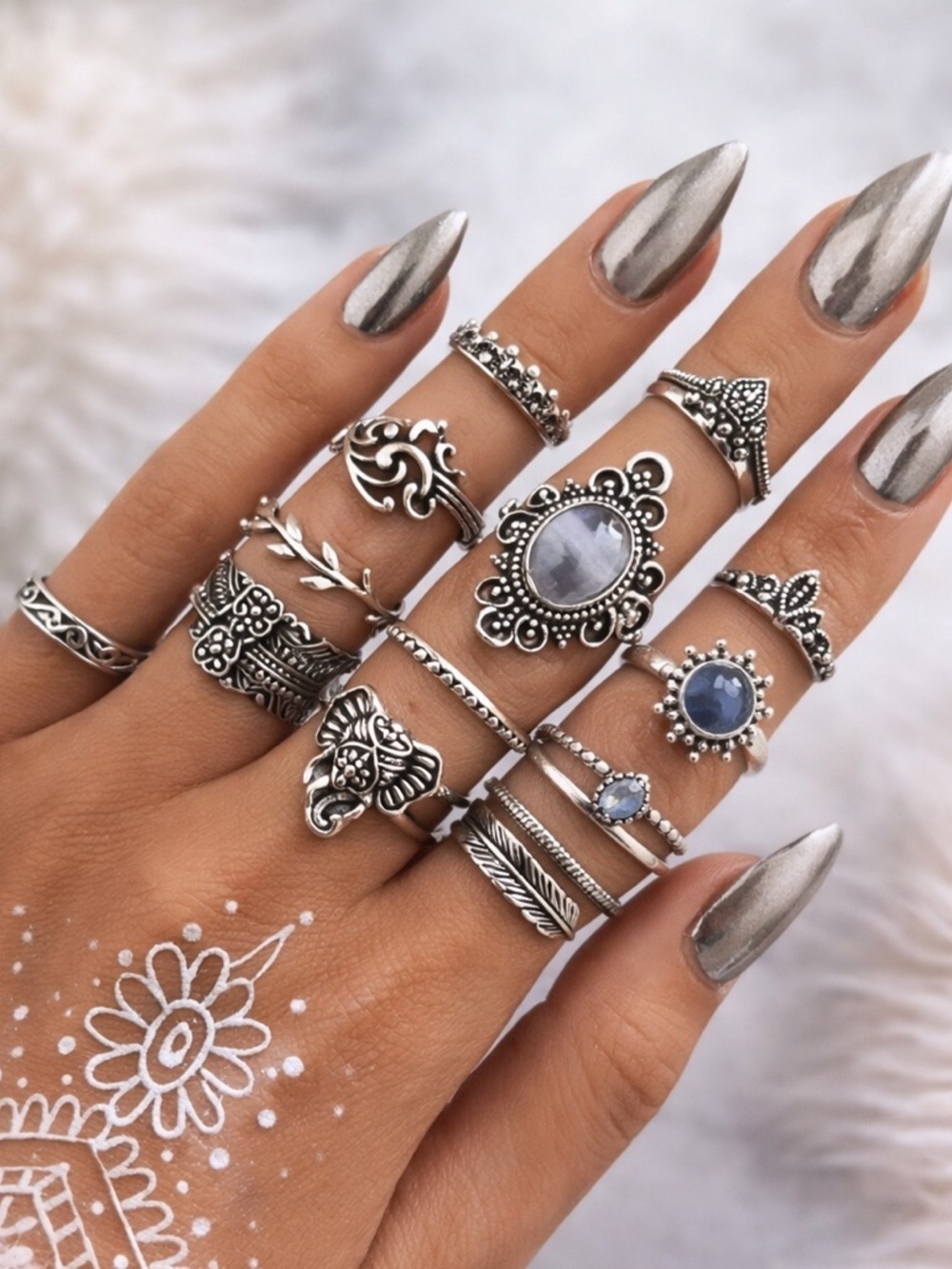 12 Piece Silver Knuckle Ring Set | Boho Stackable Midi Rings | Bundle - Picture 2 of 2